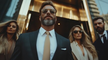 Four fashionable individuals exude confidence and sophistication in business attire, standing outside a modern glass building, embodying success and elegance.