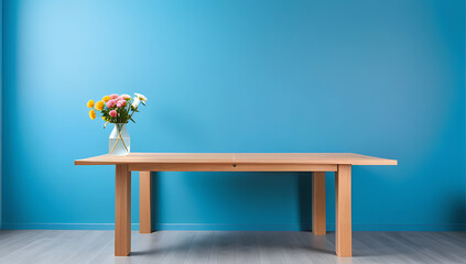 empty room features simple wooden table vase flowers plain blue wall