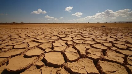 Cracked and dry earth stretching across a barren landscape, the deep fissures a stark reminder of the environmental impact of drought.