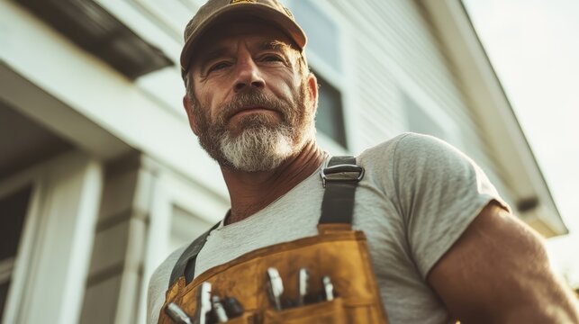 An experienced handyman, equipped with tools and wearing overalls, stands confidently in bright sunlight, showcasing reliability and readiness for any repair task at home.