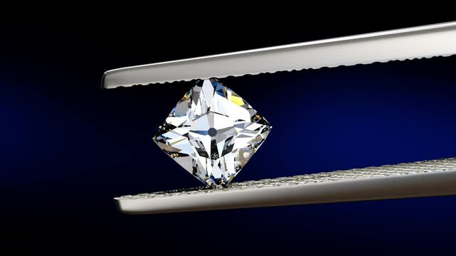 Old mine "Peruzzi" cut diamond in tweezers, swaying slightly on deep blue background. Seamless loop 3D animation.
