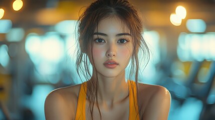 A young woman with dark hair and wearing a yellow tank top stares intensely at the camera. The background is blurred, giving an impression of a gym setting.