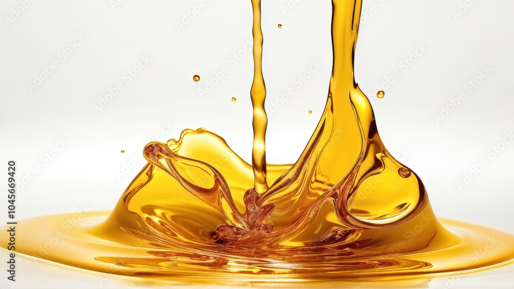 Poster a stream of golden liquid splashes into a pool, creating dynamic shapes and reflections.