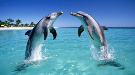 Obraz premium Dolphins jumping out of the ocean in unison, their bodies glistening in the sun as they splash back into the crystal-clear waters.