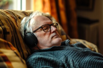 Obraz premium An older man enjoys a peaceful moment while relaxing on a couch, wearing headphones and lost in his thoughts. Warm sunlight fills the room