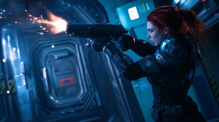 Cyberpunk woman with red hair, shooting gun at futuristic industrial space station door, dark background, cinematic lighting, photorealistic style.