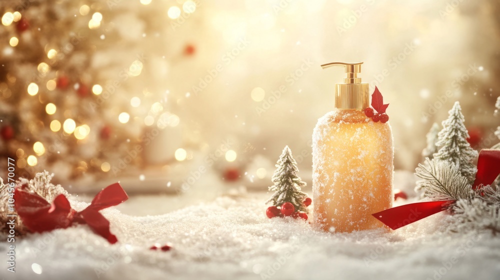 Poster a golden bottle of lotion sits on a bed of white snow. there are small, snow-covered trees and a red