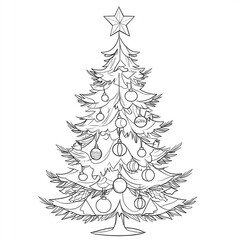 Obraz premium Cheerful Christmas tree line drawing with ornaments and star, perfect coloring page for kids' holiday creativity