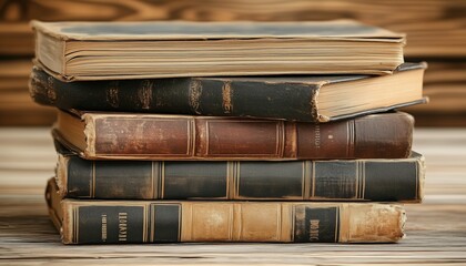 Closeup Of A Stack Of Vintage Hardcover Books On A Wooden Background, Showcasing The Classic Beauty Of Literature. Antique Book Collection.