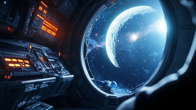 Holographic alien planets glowing in dark space station with distant galaxies, alien hologram, sci-fi exploration.