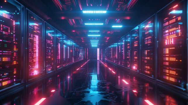 A futuristic data center with rows of servers and glowing LEDs, symbolizing AI processing power 