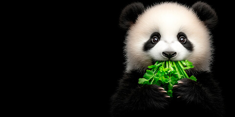 Obraz premium Striking close-up of a young panda munching on fresh green leaves, isolated against a black background