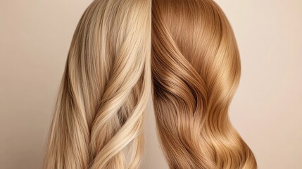 Naklejka premium Hair comparison with a split down the middle one half rough and tangled, the other sleek and healthy after treatment, shown on a neutral background.