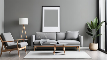 grey furniture adorns grey wall frame shelf modern scandinavian living space