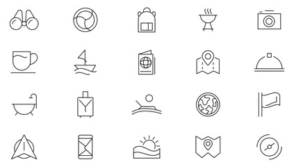 Fototapeta premium Travel and Tourism line icon set. travel, types of tourism, tourist transport, locations, marker, journey, compass, globe, country, geography line icon set. UI thin line icon pack.