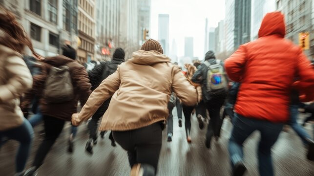 A bustling crowd captured mid-motion in an urban street, with buildings and cityscape visible, reflecting chaos and the energy of city life and movement.