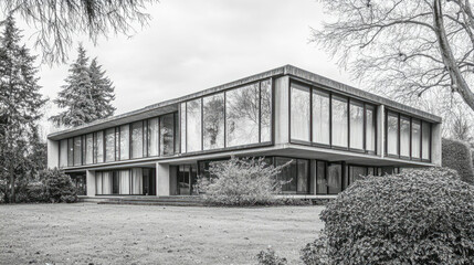Monochrome view of a functionalist villa showcasing large windows and asymmetric design in a serene landscape