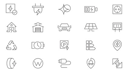Charging line icon set. Electric car, EV charging, power, hybrid, eco-friendly, battery charging, electric bus, Plug-In, app, template line icon set. UI thin line icon pack.