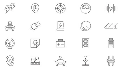 Charging line icon set. Electric car, EV charging, power, hybrid, eco-friendly, battery charging, electric bus, Plug-In, app, template line icon set. UI thin line icon pack.