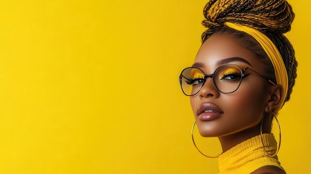 A stylish woman with braided hair and round glasses poses against a bold yellow background, showcasing elegance and vibrancy in contemporary fashion style.