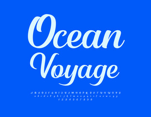 Vector stylish emblem Ocean Voyage. Beautiful Cursive Font. Trendy Alphabet Letters and Numbers set.