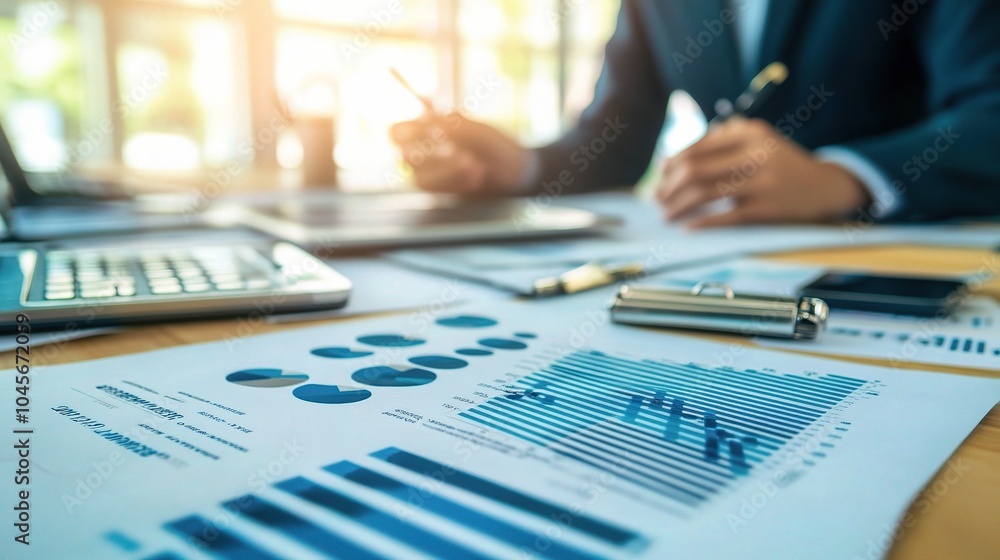 Poster business analysis with charts and graphs on table