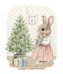 Watercolor Christmas vintage cute rabbit hare mother in dress clothes with child bunny in cozy room surrounded by Christmas interiors. Hand drawn illustration sketch © Mimomy