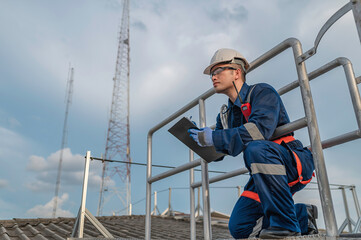 Engineer in Full Safety Gear Climbing a Ladder to Inspect Communication Signals and Industrial Machinery at a High-Risk Transportation Facility