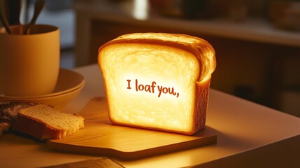 Whimsical design of a light box illuminating bread slice with "I loaf you" text, cute and charming, [bread pun], [fun
