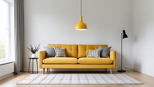 grey sofa yellow plaid sits white wall wooden frame pendant lamp classic scandinavian home decor look feel