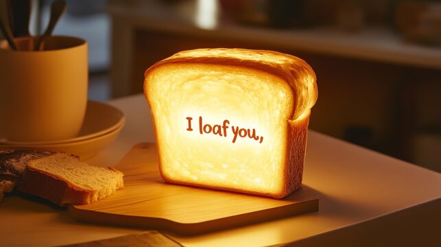Whimsical design of a light box illuminating bread slice with "I loaf you" text, cute and charming, [bread pun], [fun