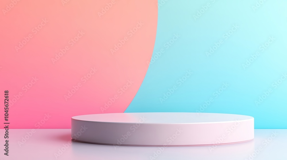 Poster modern, abstract composition featuring smooth cylindrical platforms in soft pink and blue tones, wit