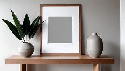 grey stucco wall clay vase sit beside empty mockup frame wooden console table modern living room setting created