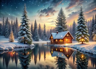 Obraz premium Enchanting Christmas Winter Scenery with Snow-Covered Trees and Cozy Cabin