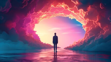 Man Standing Before Giant Glowing Portal in Clouds, Hope, New Beginnings, Opportunity Concept