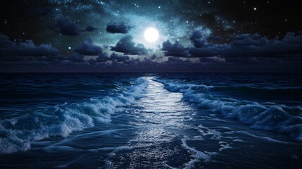 Fototapeta premium Mystical night seascape with light box illuminating rolling ocean waves under starry sky, soft glow reflecting off water.