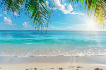 Obraz premium Sunlit tropical beach with palm leaves and turquoise water, summer paradise