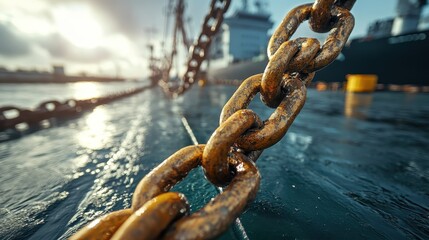A close-up view of heavy, rusty anchor chains lying on a wet dockside, with a large ship visible in the background, capturing a maritime essence.
