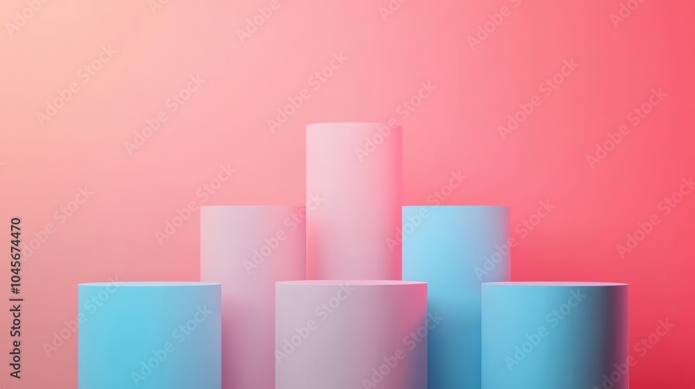 Poster modern, abstract composition featuring smooth cylindrical platforms in soft pink and blue tones, wit