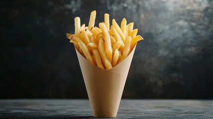 Soft lightbox illuminating French fries in paper cone, minimalist fry shop setting, street food concept.
