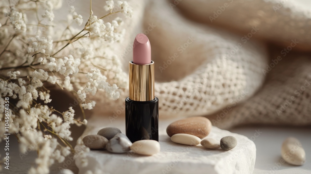 Poster the soft pink lipstick stands upright on a textured surface, accented by smooth pebbles and delicate