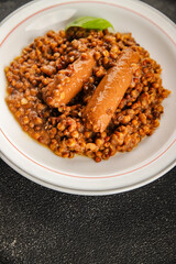Lentil sausages tasty food dish fresh gourmet food background on the table rustic food top view copy space top view