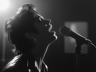 Młody mężczyzna śpiewający do mikrofonu.