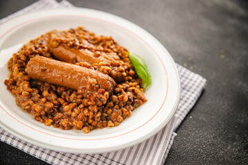Lentil sausages tasty food dish fresh gourmet food background on the table rustic food top view copy space top view