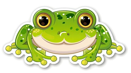 Obraz premium Cute cartoon frog with big eyes vector sticker design 