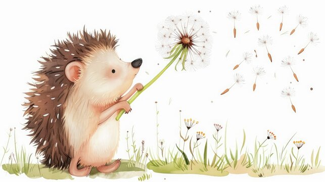 Cute hedgehog holding a dandelion