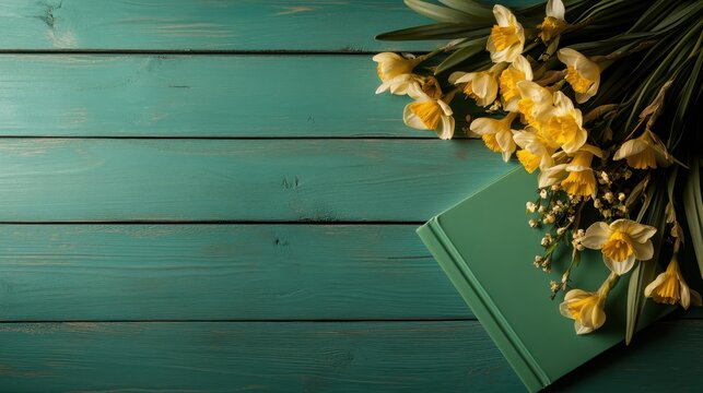 Yellow daffodils are arranged in a jar, placed artistically on a teal painted wooden surface, bringing vibrant color and freshness to the rustic setting.