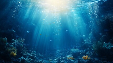 Fototapeta premium A stunning underwater scene with sunlight shining through the water, illuminating coral reefs and small fish swimming.