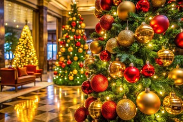 Fototapeta premium Enchanting Low Light Photography of a Festive Christmas Tree in New York's Luxury Hotel Setting