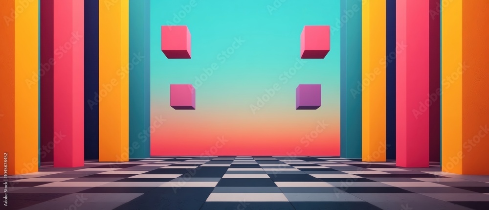 Poster checkerboard pattern stretching infinitely into the horizon, with floating cubes of various colors a
